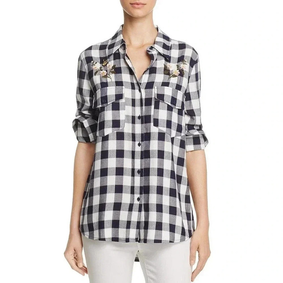 cupcakes & cashmere Tops - Cupcakes And Cashmere Check Floral Embroidery Collared Button Down Shirt Small
